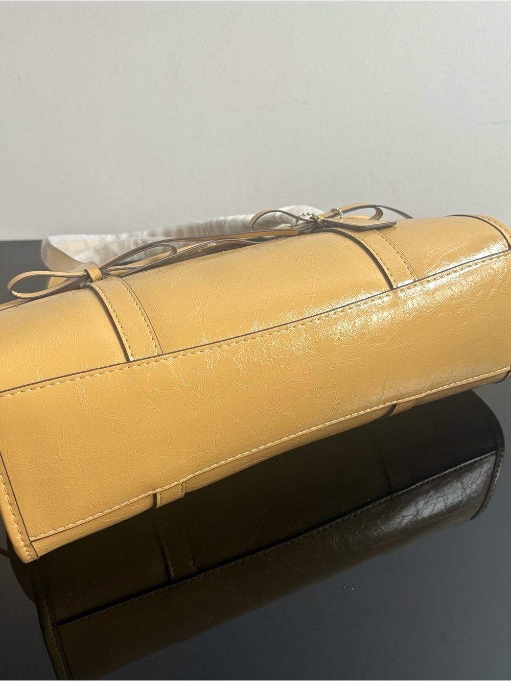 Coach Mustard Pebbled Leather Barrel Bag with Bow Accents - Picture 7 of 9